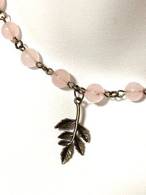 Genuine Pink Rose Quartz Short Necklace, Natural Gemstone & Bronze Leaf Branch